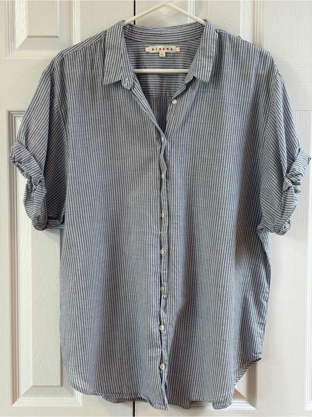 Xirena Blue and White Stripe Channing Button Down Short Sleeve Cotton Top Size L